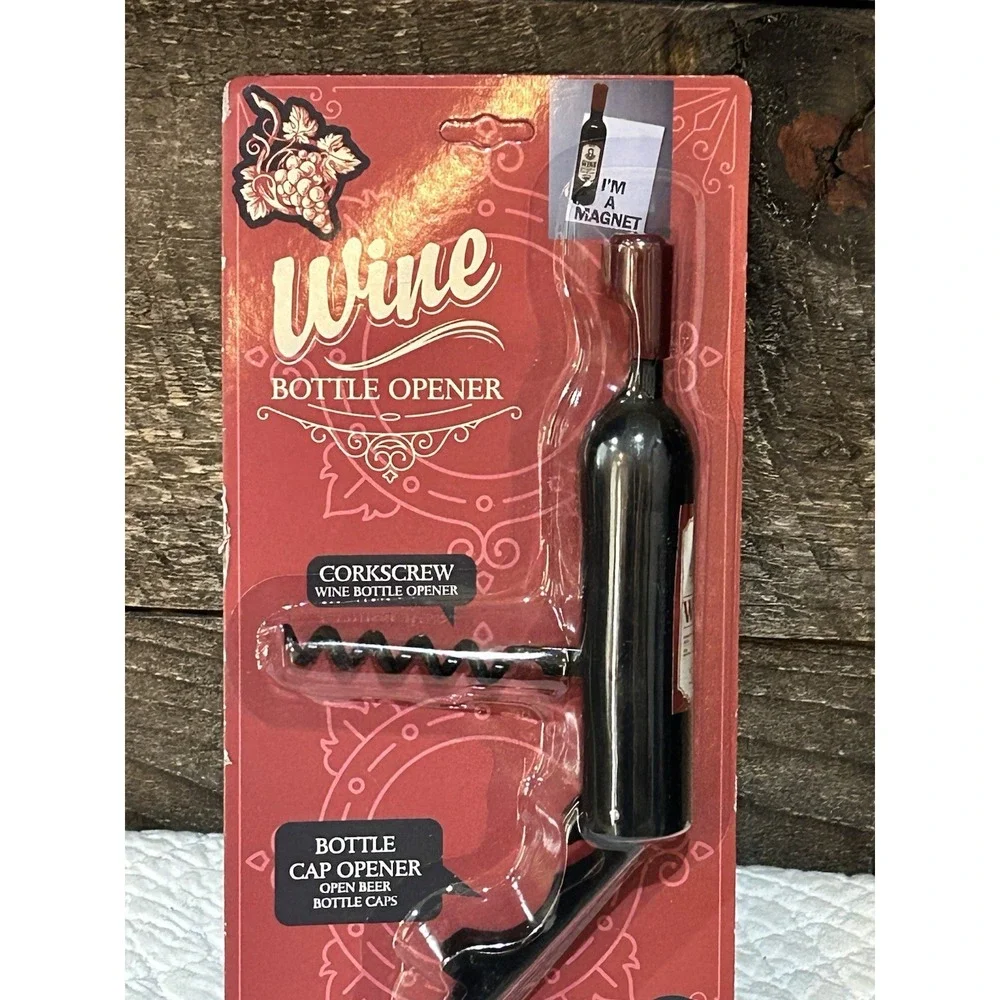 Multifunctional Corkscrew & Bottle Opener Black Red Metal Magnetic Backing